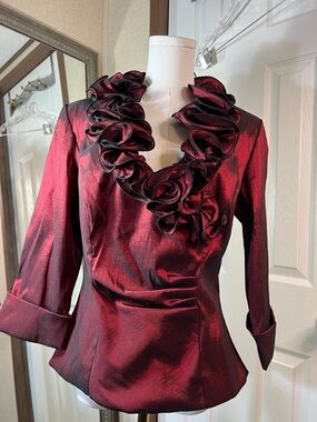 Xscape Black and Burgundy Dress with Satin Trim